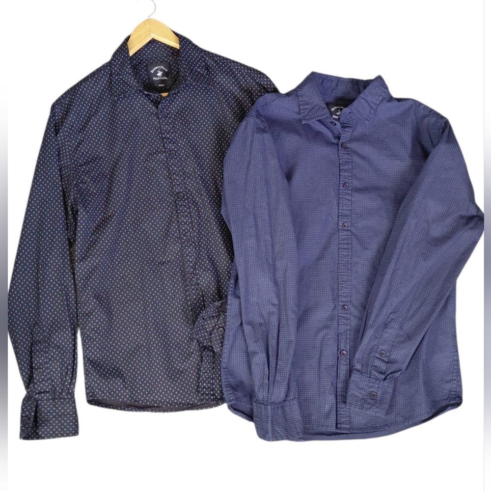 BeverlyHills Polo Club Men's Navy and  Blue Patterned  Shirts Two Pices Sz. M
